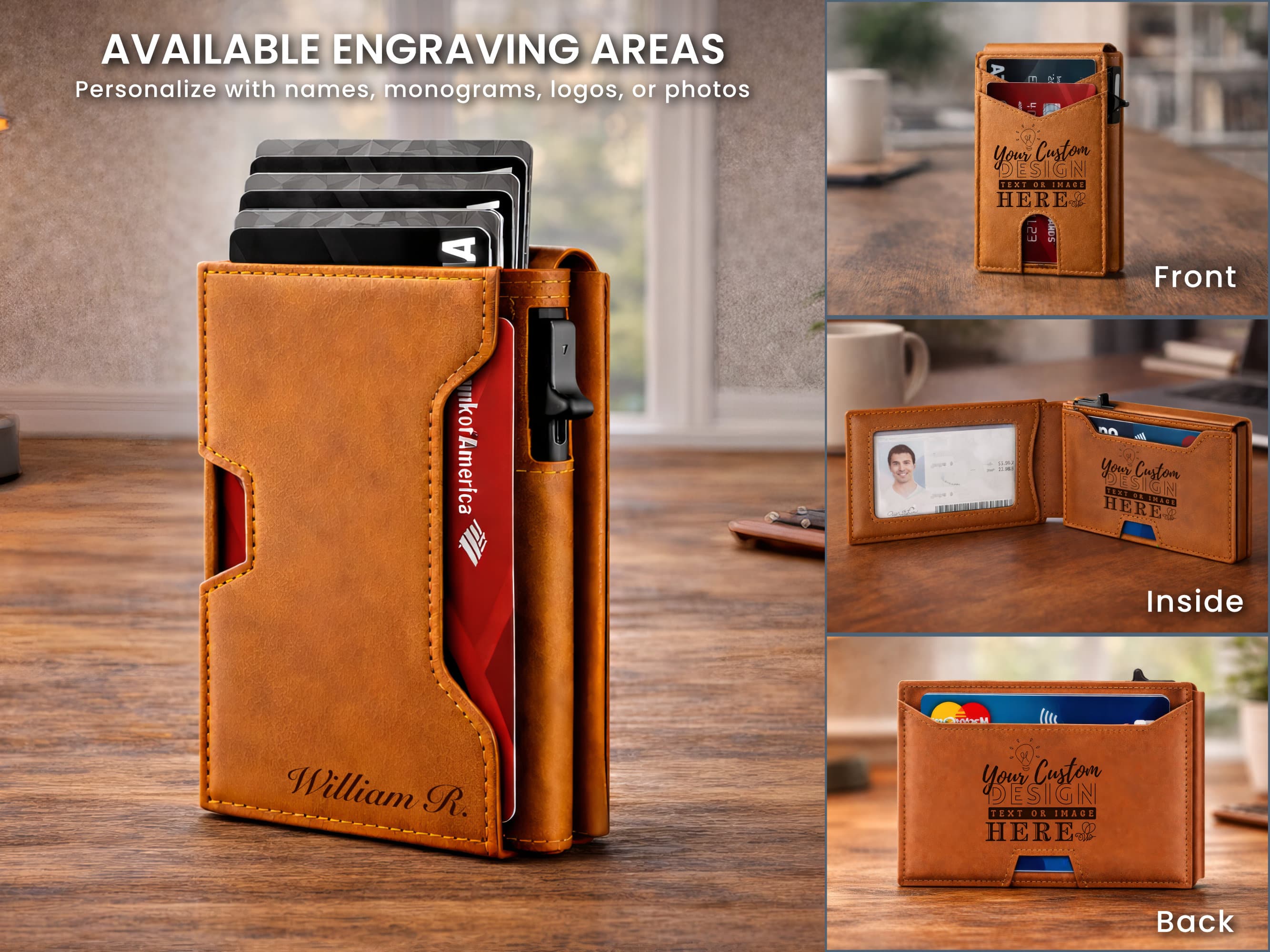 Brown leather wallet with engraving areas on a wooden surface