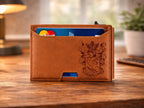 Brown leather wallet with card slots on a wooden surface
