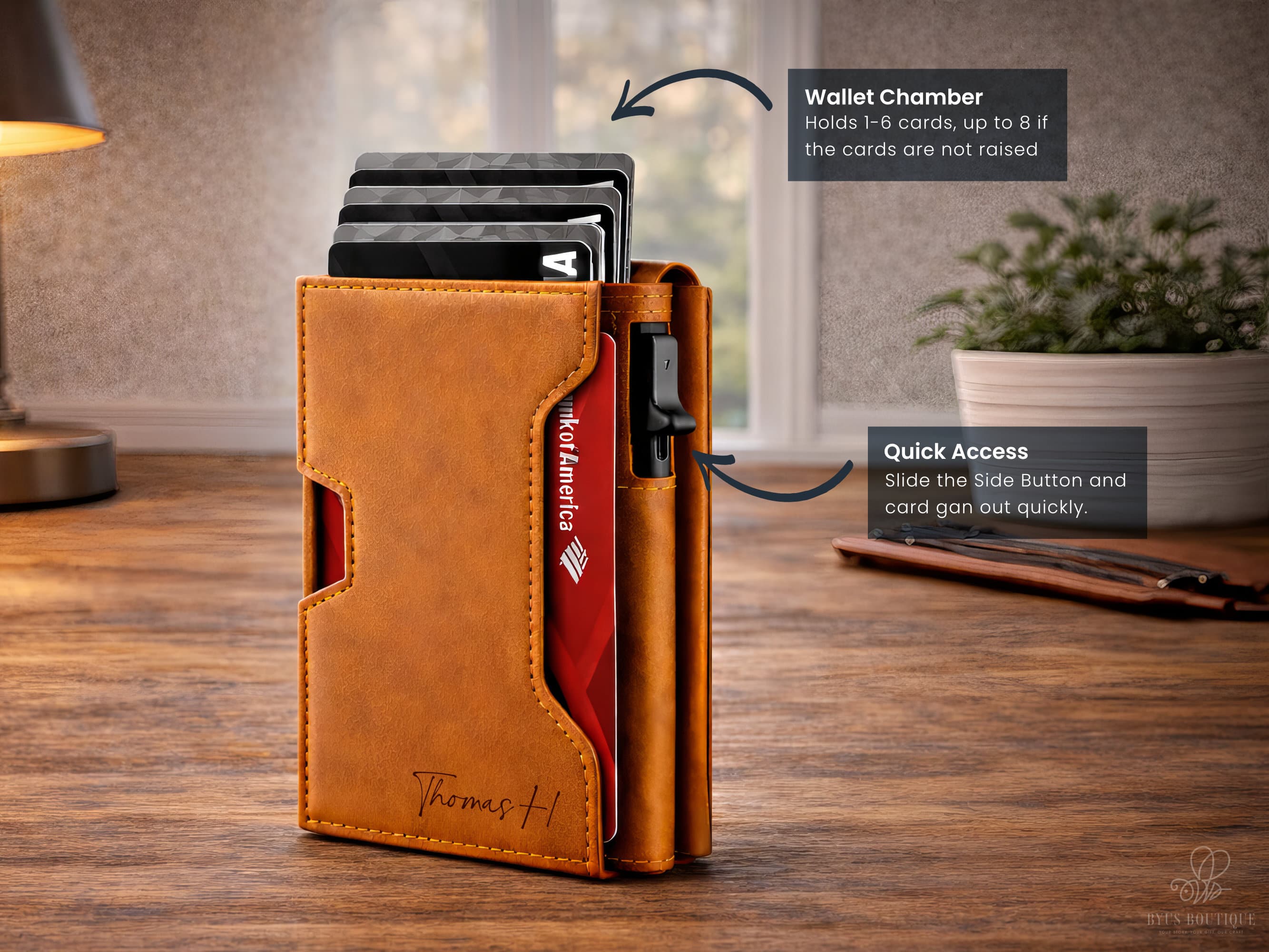 Brown wallet with card compartments on a wooden surface