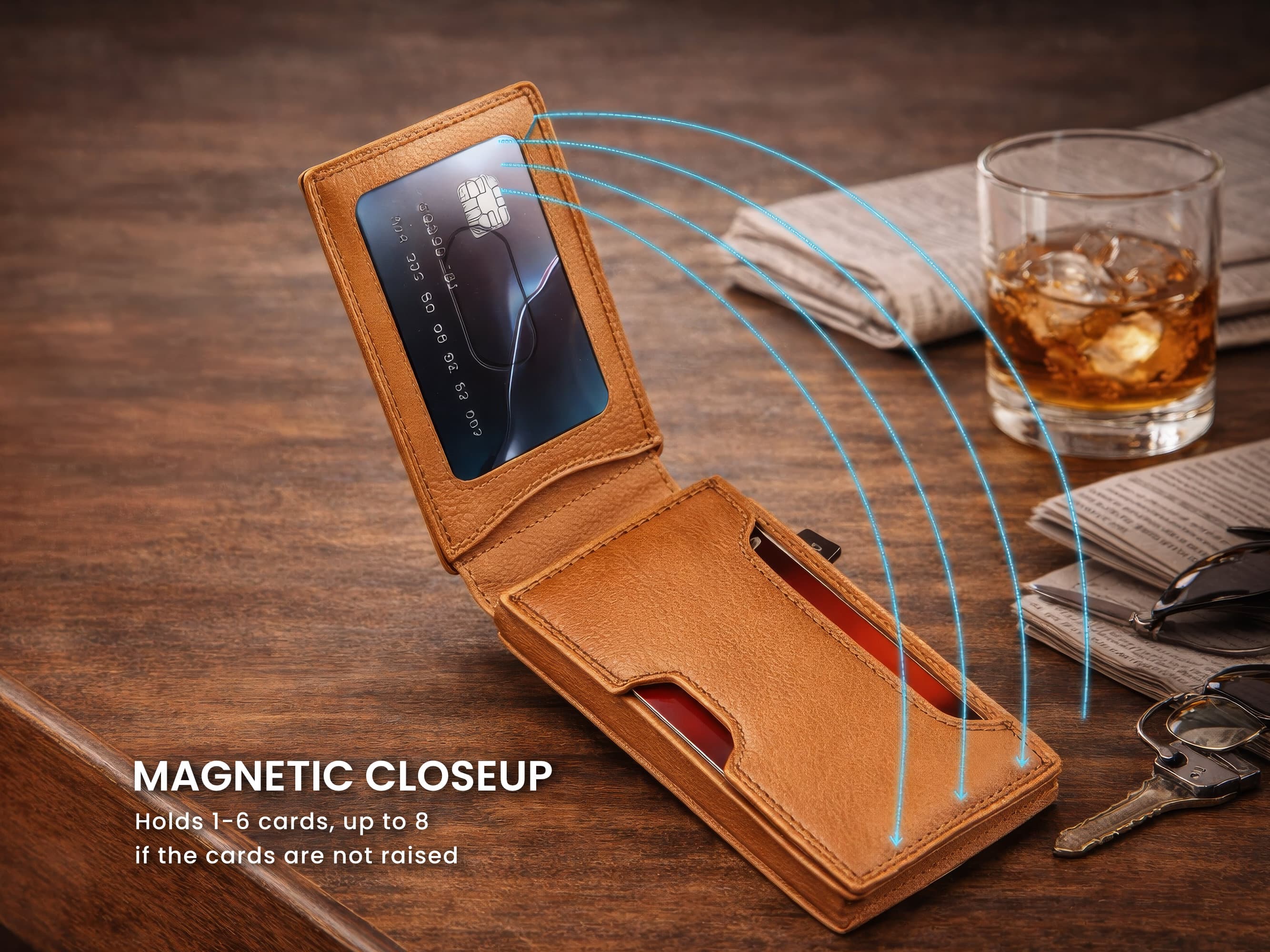 Brown leather wallet with a card on a wooden surface with a glass of whiskey and keys.