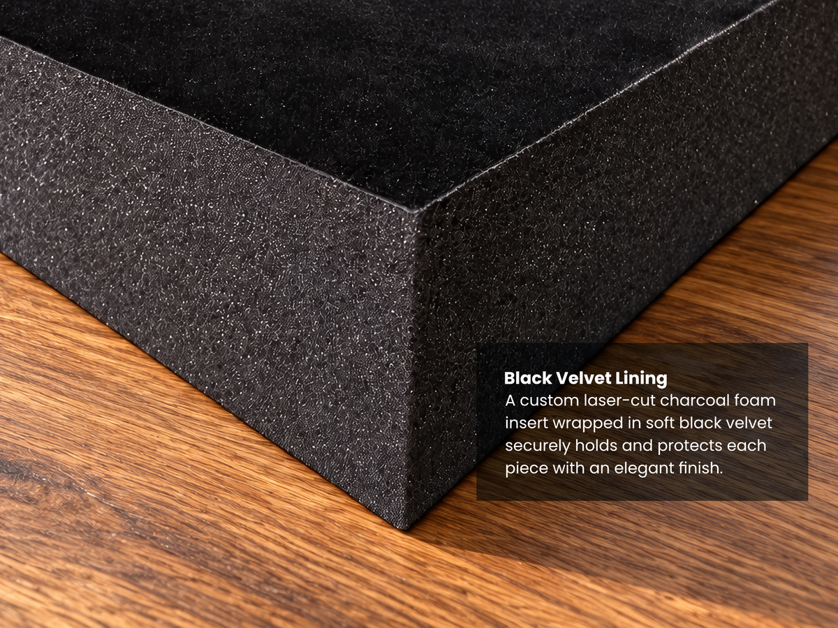 Close-up of a black velvet-lined corner of a box or tray resting on a wood surface, with overlaid text reading 'Black Velvet Lining' and a descriptive caption.