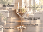 A clear wine glass with etched script branding stands on a wooden table, surrounded by callout lines and text describing its features, measurements, and materials. The background is a softly blurred indoor setting with warm light.