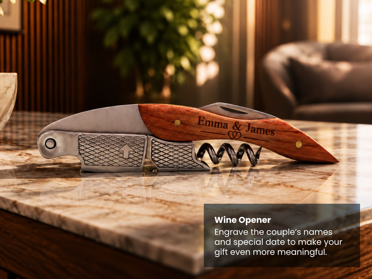 A personalized stainless steel and wood wine opener resting on a polished marble countertop in a warm, modern interior setting. The wooden handle is engraved with 'Emma & James' and a heart, and the metal section features an arrow engraving.