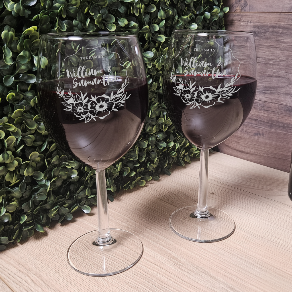 Personalized Wine Glasses for Couples - Etched with Custom Names and Floral Wreath Monogram, Perfect for Dating Anniversary Gifts