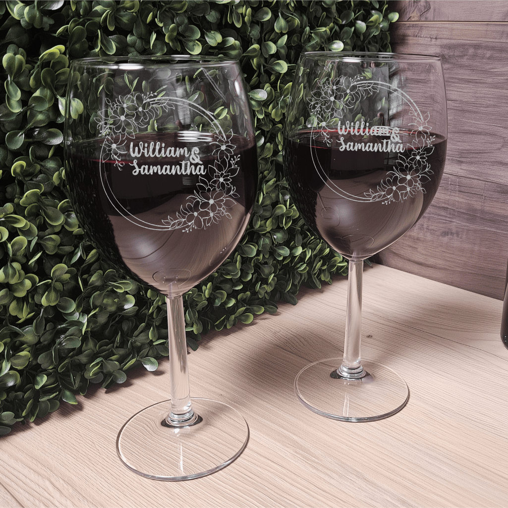 Custom Engraved Wine Glasses for Couples - Personalized Glassware with Floral Design (DC004)