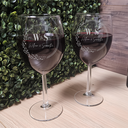 Custom Engraved Wine Glasses with Couple Initials, Name and Date (DC007)