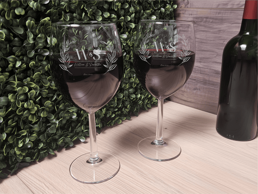 Etched Wine Glasses - Floral Monogram design, Perfect for Wedding and anniversary Gifts