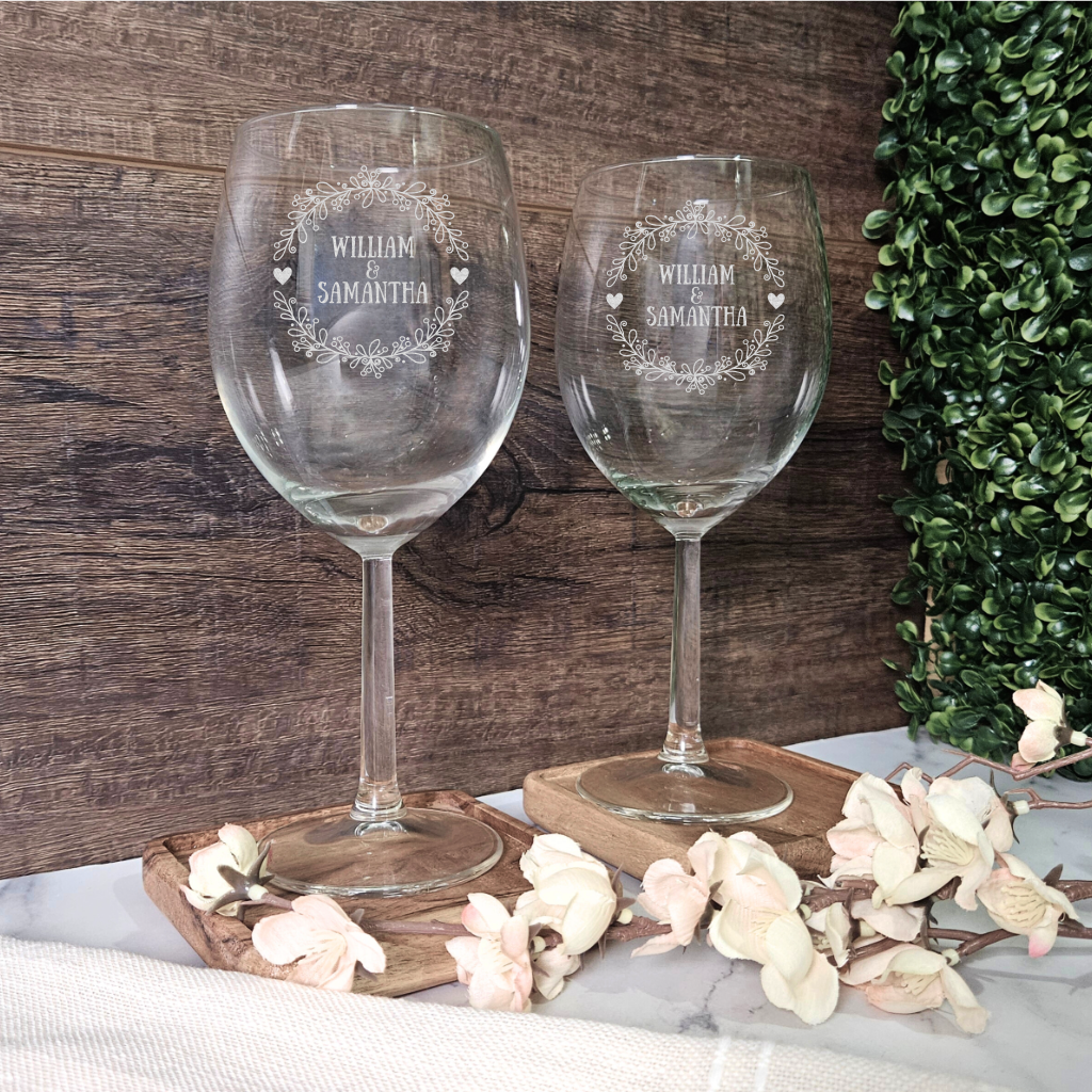 Personalized Wine Glasses for Couples - Custom Engraved Glassware (DC006)