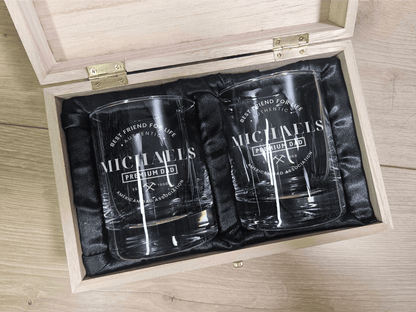 Custom Whiskey Glasses with wooden box - Perfect Gift for Father's Birthday - DD001