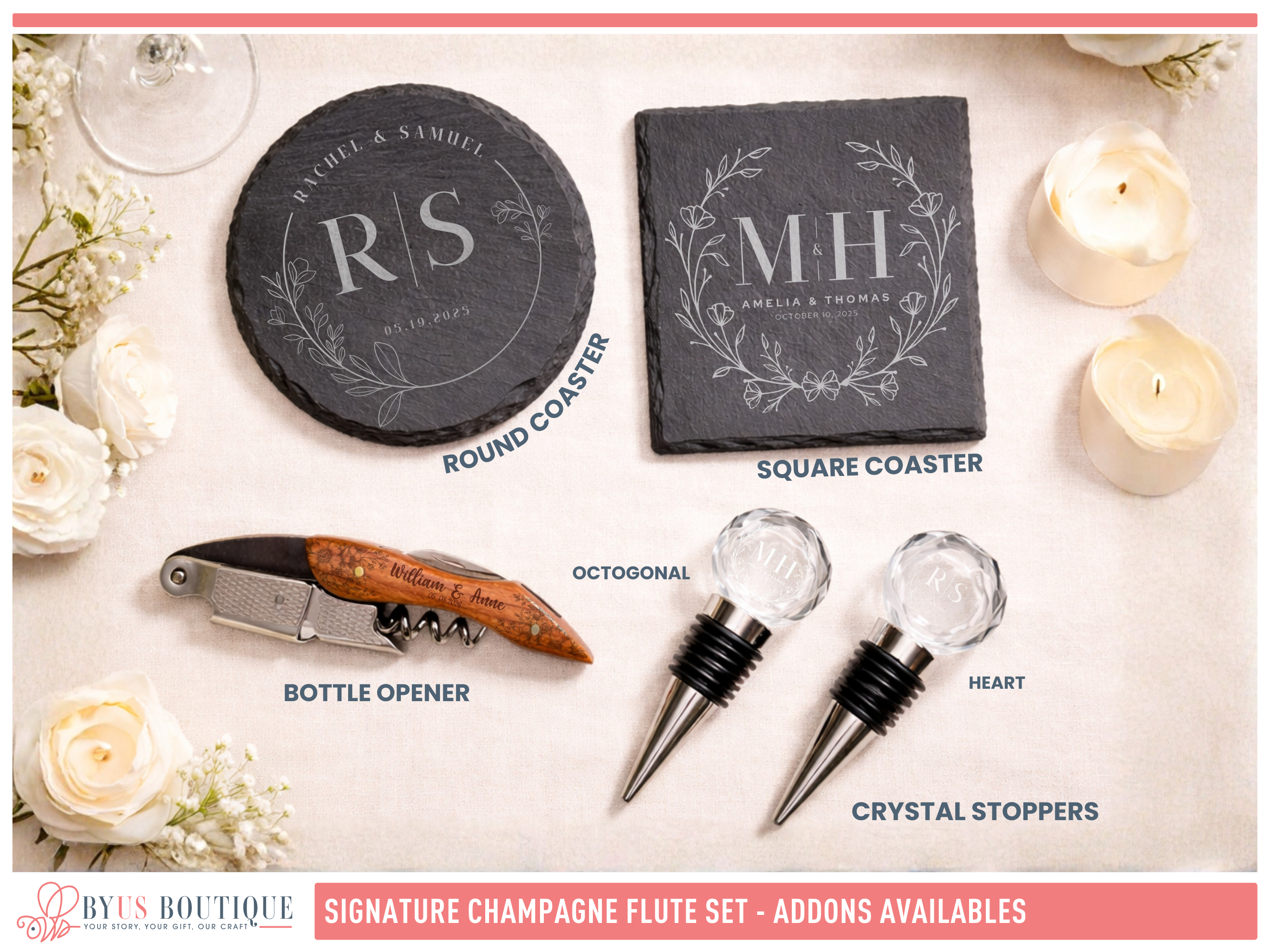 Collection of bar accessories, including coasters, a bottle opener, and stoppers on a decorative background.