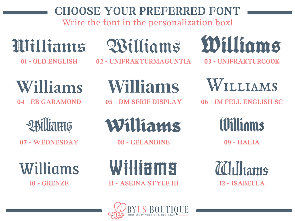 Collection of 'Williams' font variations with Byus Boutique branding.
