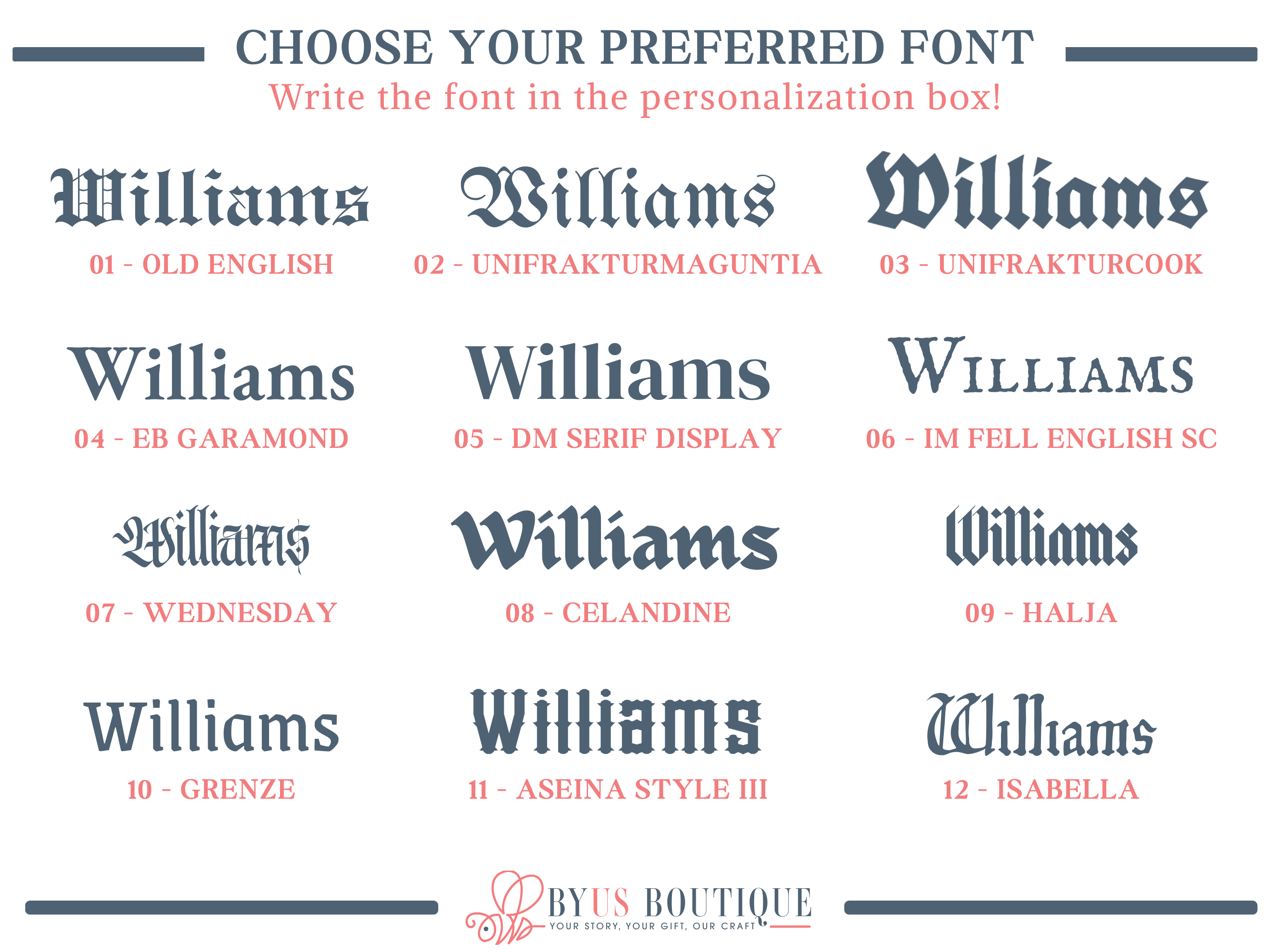 Collection of 'Williams' font variations with Byus Boutique branding.