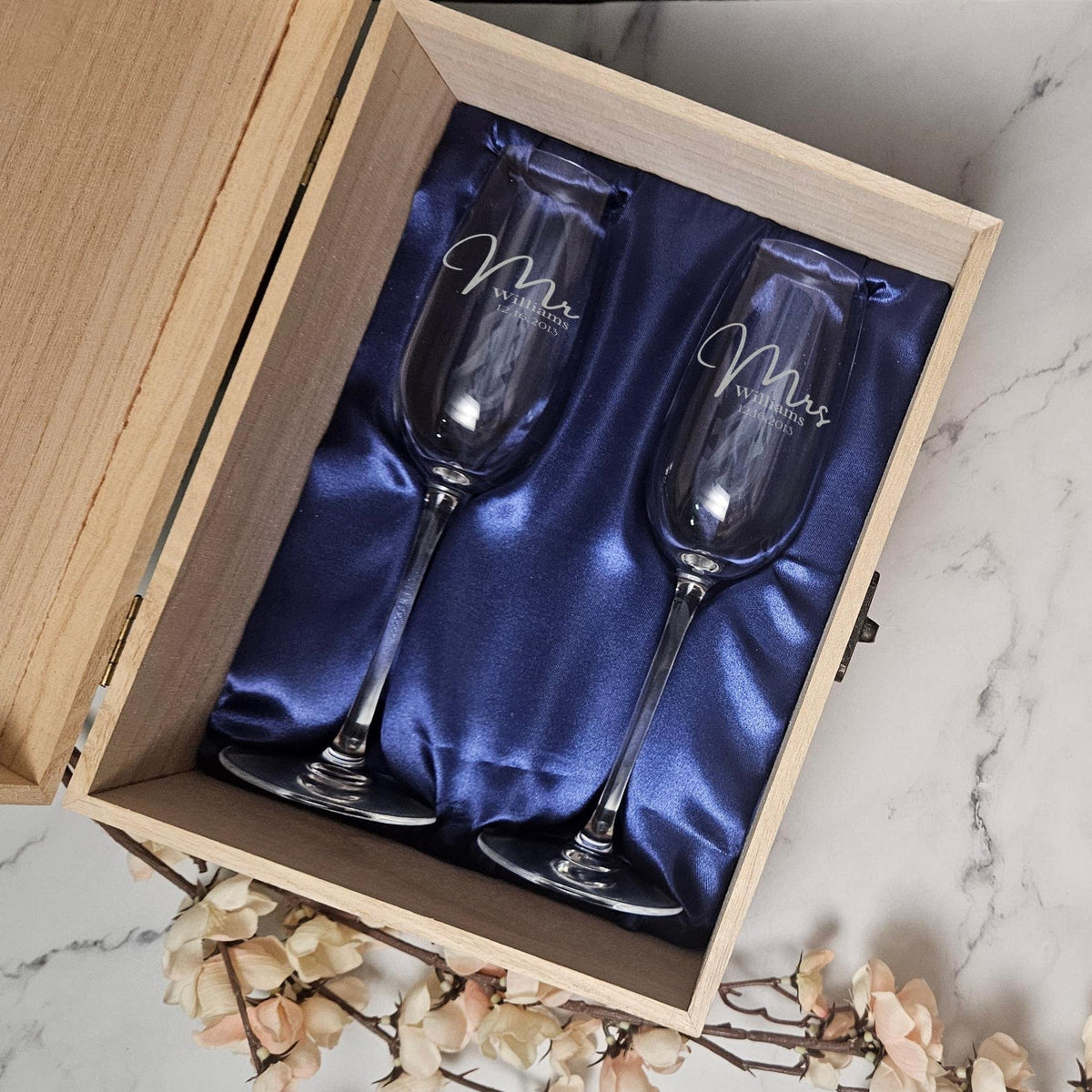 Personalized Champagne Flutes Set in a Wooden Box