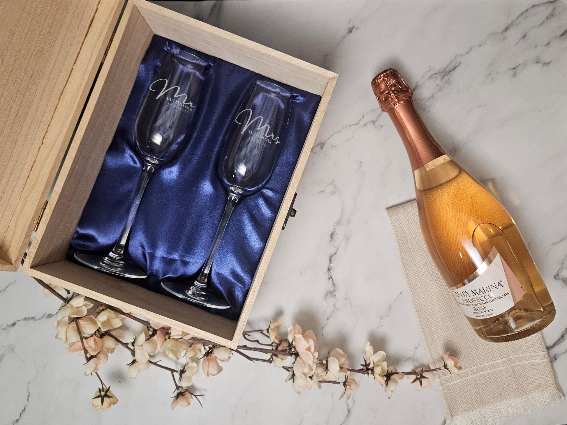 Personalized Champagne Flutes Set in a Wooden Box