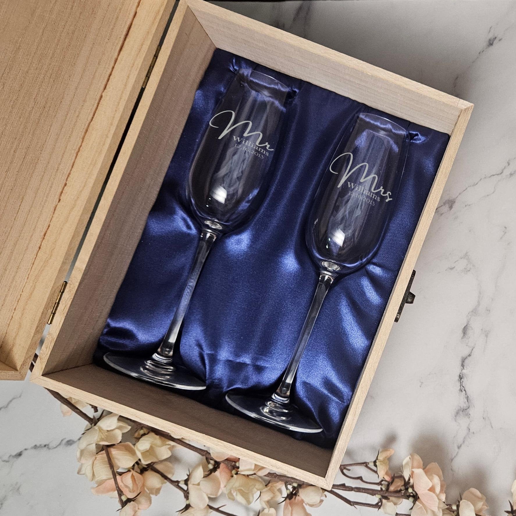 Personalized Champagne Flutes Set in a Wooden Box