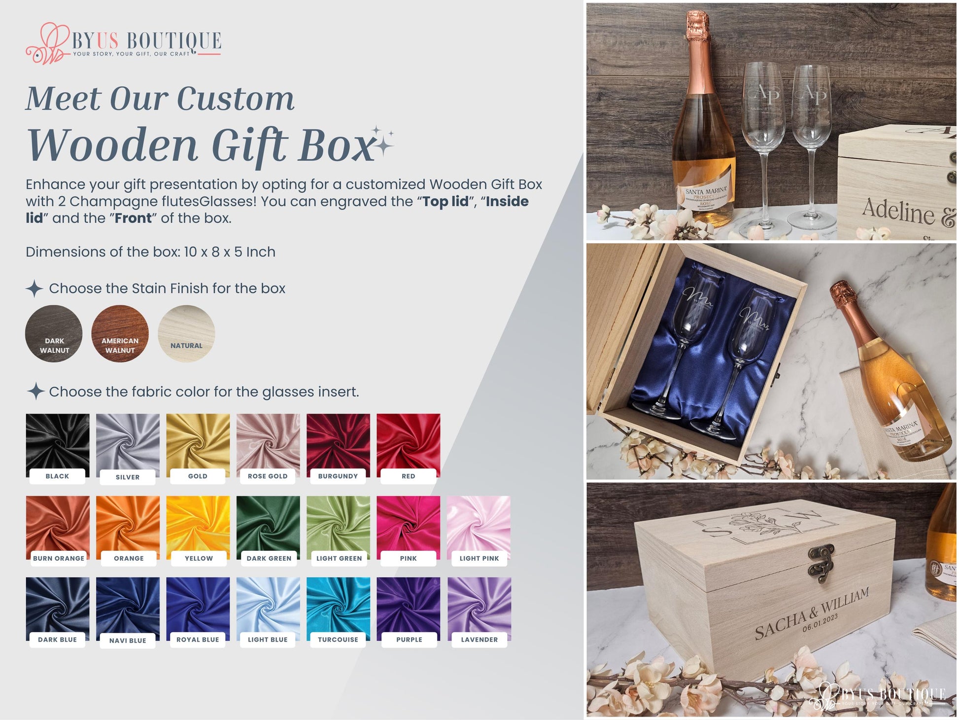 a wooden gift box with a Champagnes Flutes