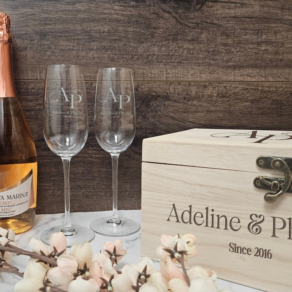 Personalized Champagne Flutes Set in a Wooden Box