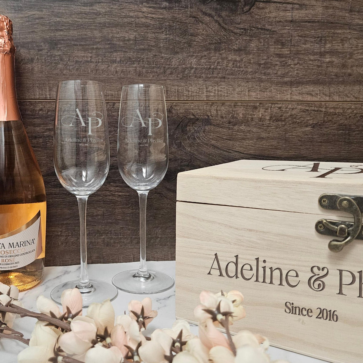 Personalized Champagne Flutes Set in a Wooden Box