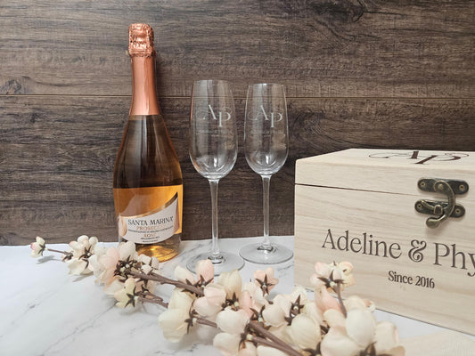 Personalized Champagne Flutes Set in a Wooden Box