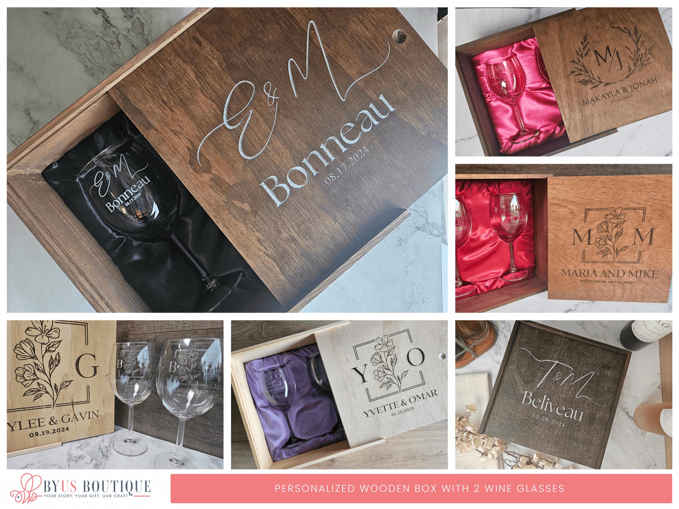 a collage of wine glasses in a wooden box
