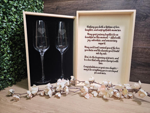 Custom Champagne Flute Gift Set with Engraved Wooden Box – Personalized Wedding or Anniversary Keepsake (DC023)