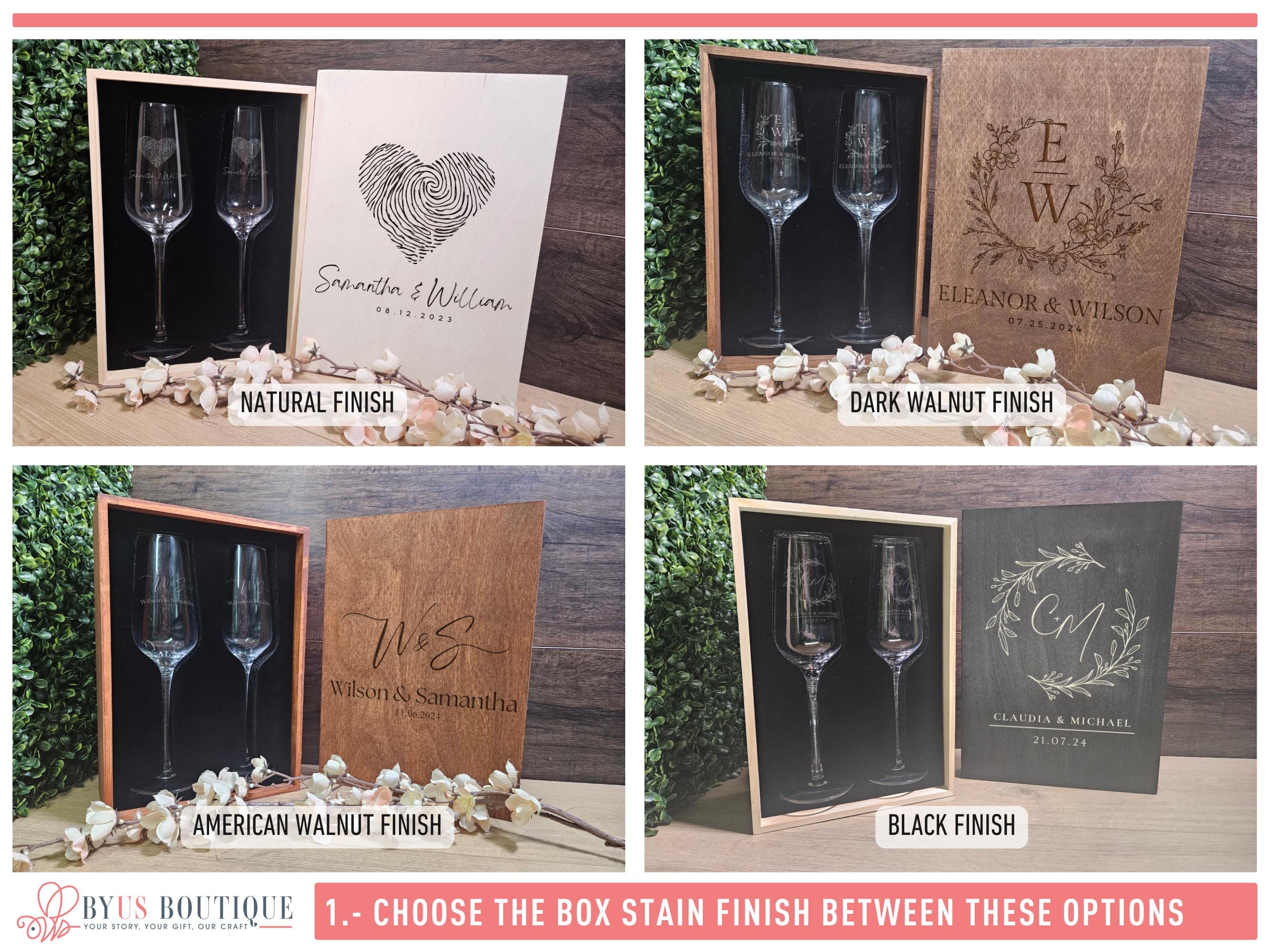 Custom Champagne Flute Gift Set with Engraved Wooden Box – Personalized Wedding or Anniversary Keepsake (DC023)