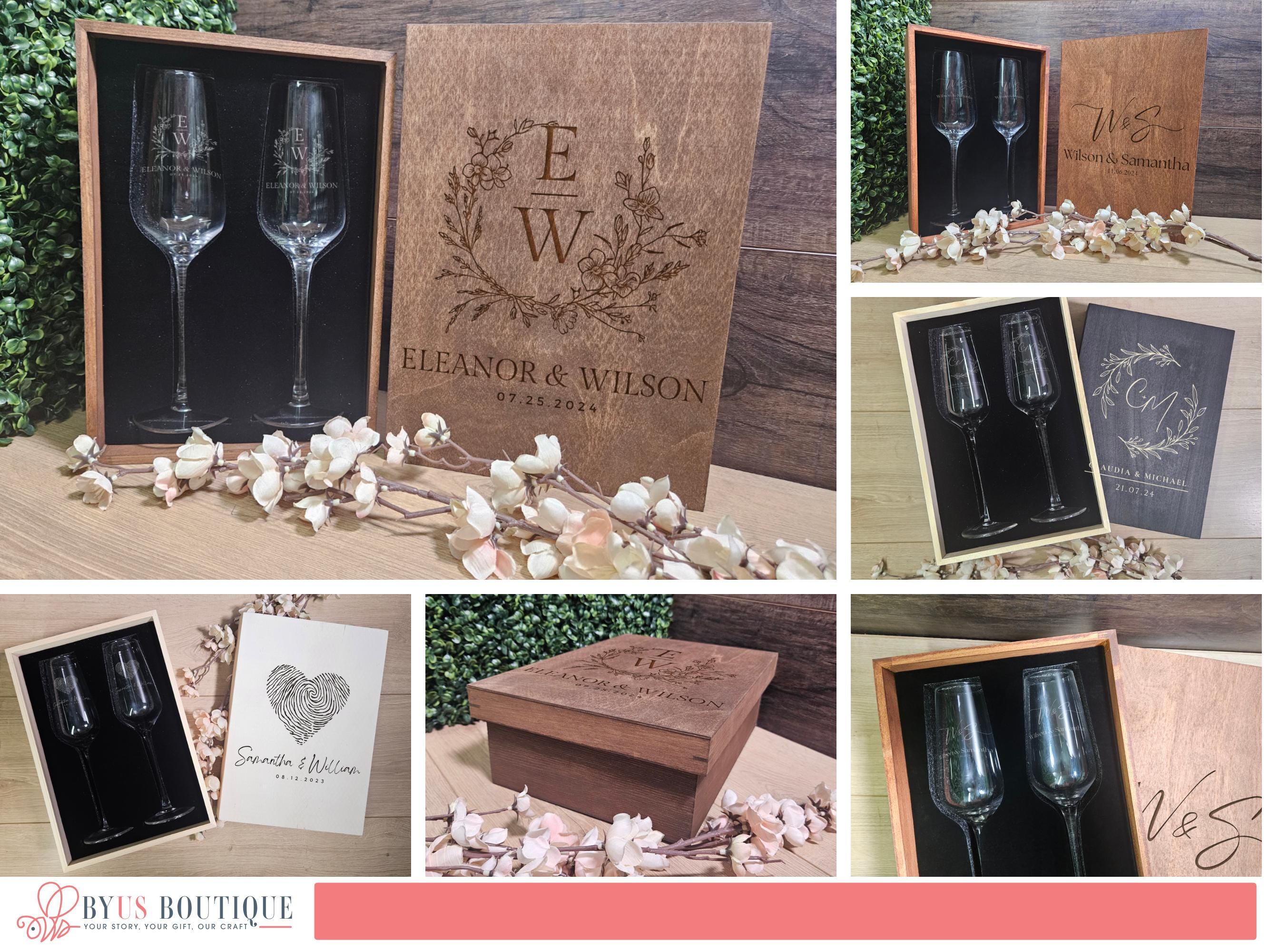 Custom Champagne Flute Gift Set with Engraved Wooden Box – Personalized Wedding or Anniversary Keepsake (DC023)
