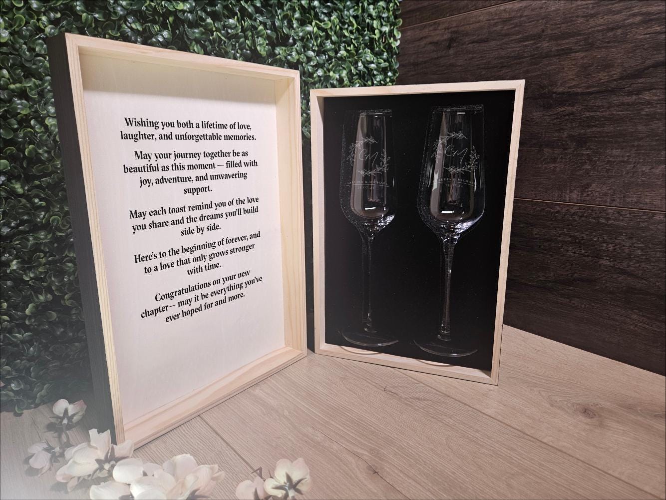 Champagne Glasses with Custom Engraving – Romantic Gift Set with Wooden Box for Wedding, Anniversaries & Toasts (DC026)