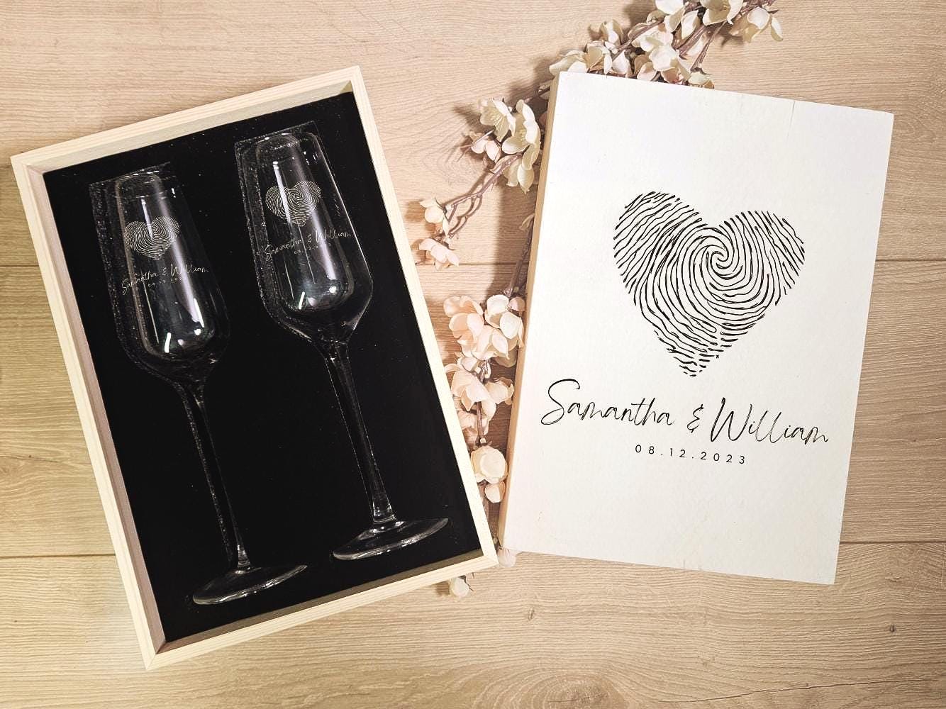 Custom Champagne Flute Gift Set with Engraved Wooden Box – Personalized Wedding or Anniversary Keepsake (DC023)