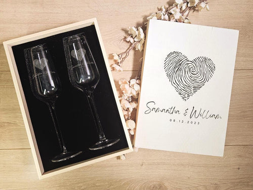 Custom Champagne Flute Gift Set with Engraved Wooden Box – Personalized Wedding or Anniversary Keepsake (DC023)