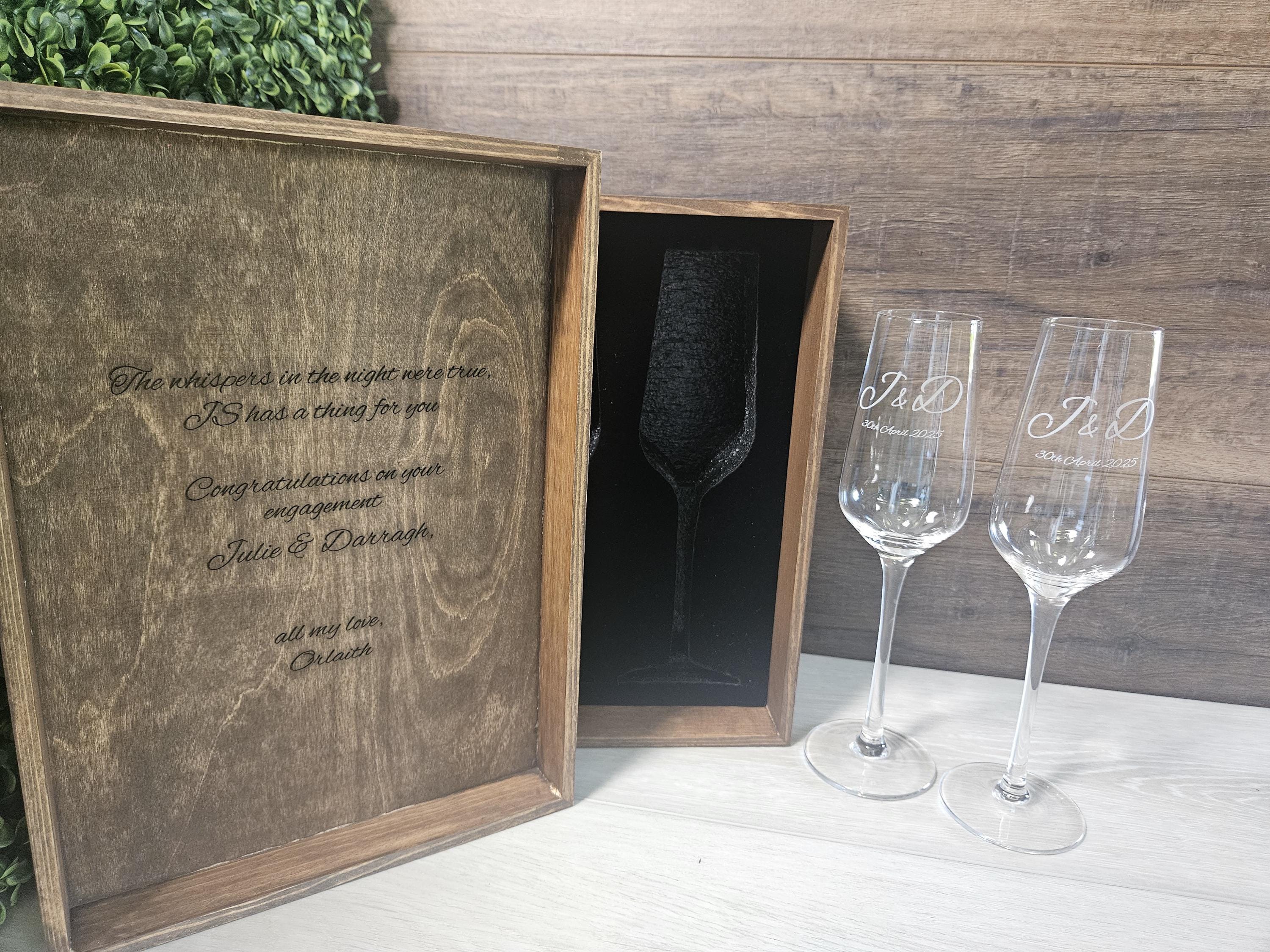 Personalized Champagne Flutes, Elegant Wedding Gift Set in Wooden Keepsake Box,  Customizable for any Celebrations & Anniversaries