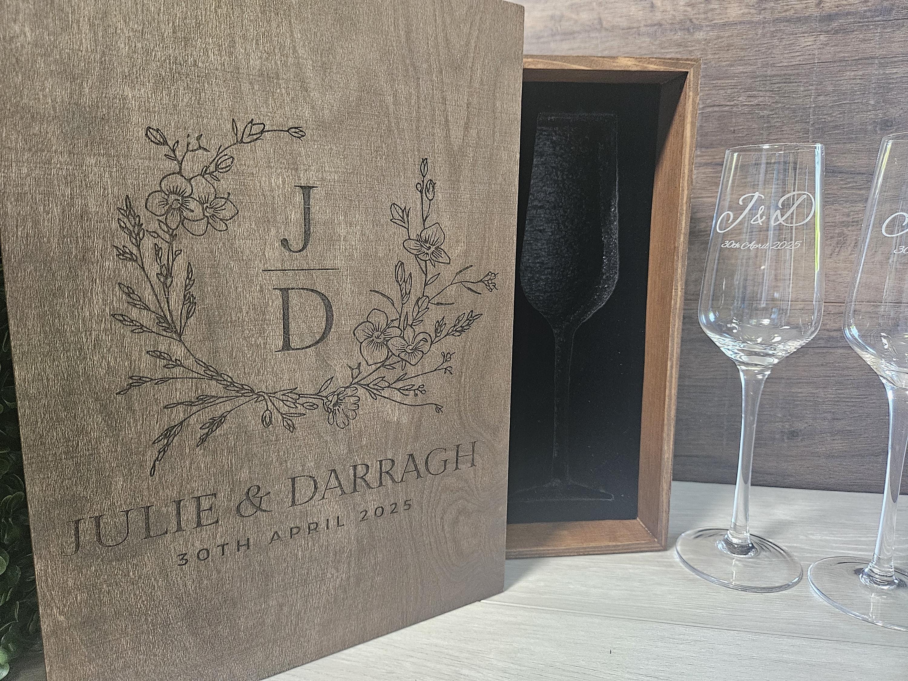 Personalized Champagne Flutes, Elegant Wedding Gift Set in Wooden Keepsake Box,  Customizable for any Celebrations & Anniversaries