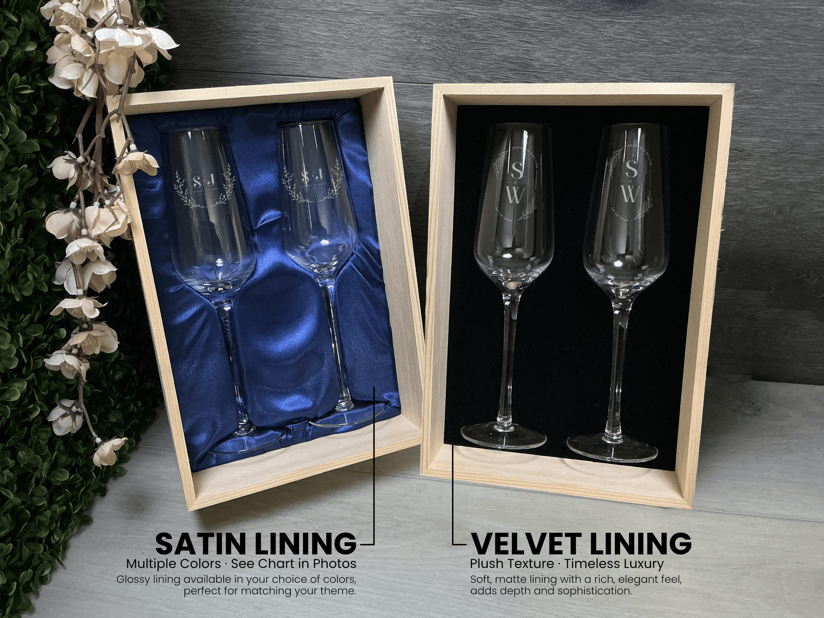 Two sets of champagne flutes in wooden boxes with satin and velvet linings.