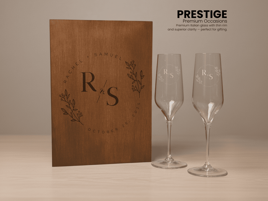 Wooden box with a custom monogram design, accompanied by two premiun italian glass champagne flutes on a beige background.