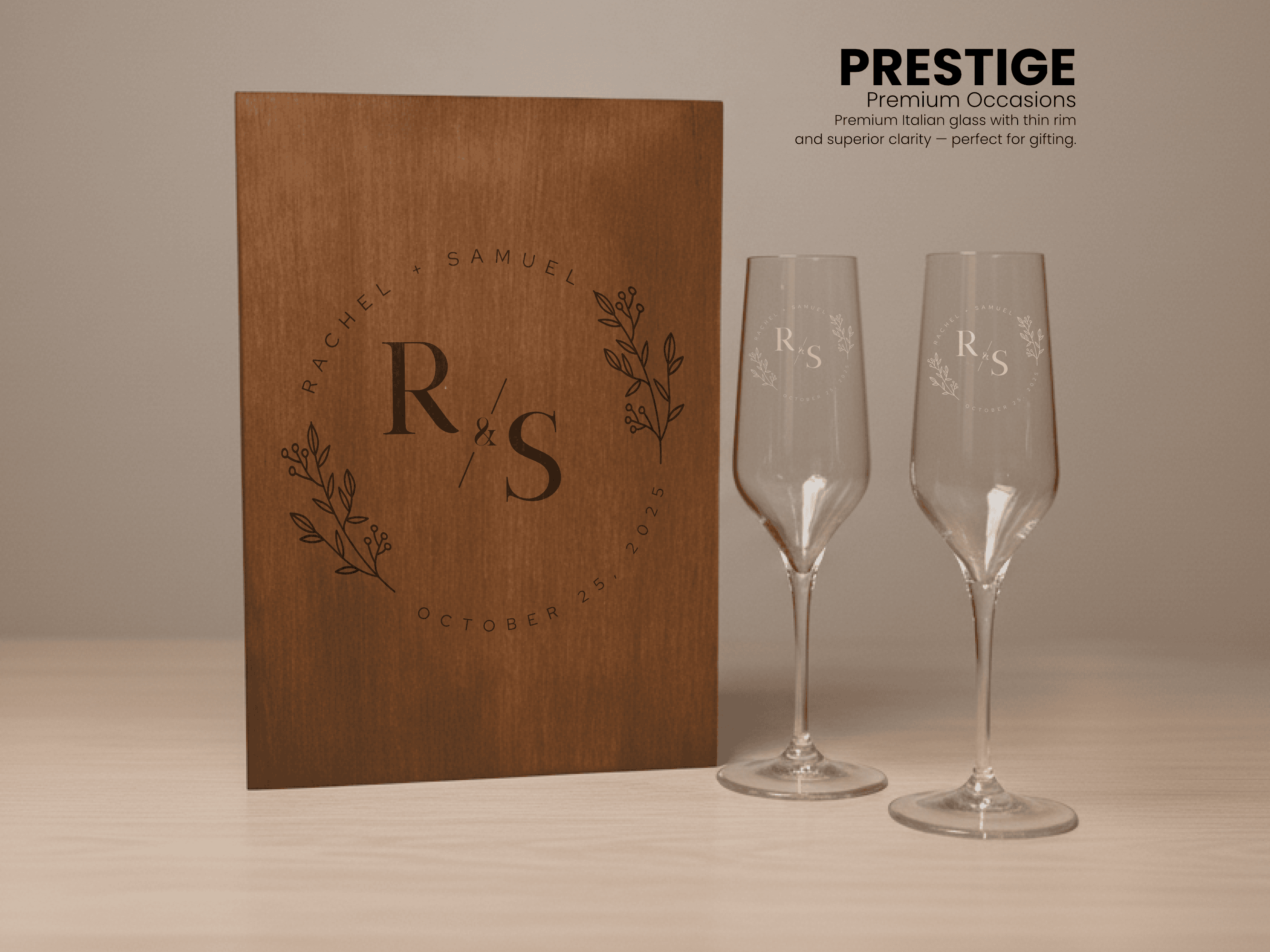 Wooden box with a custom monogram design, accompanied by two premiun italian glass champagne flutes on a beige background.
