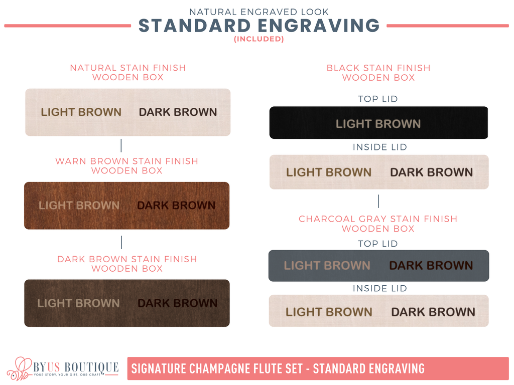 Color swatches for standard engraving options on a champagne flute set with Byer's Boutique branding.