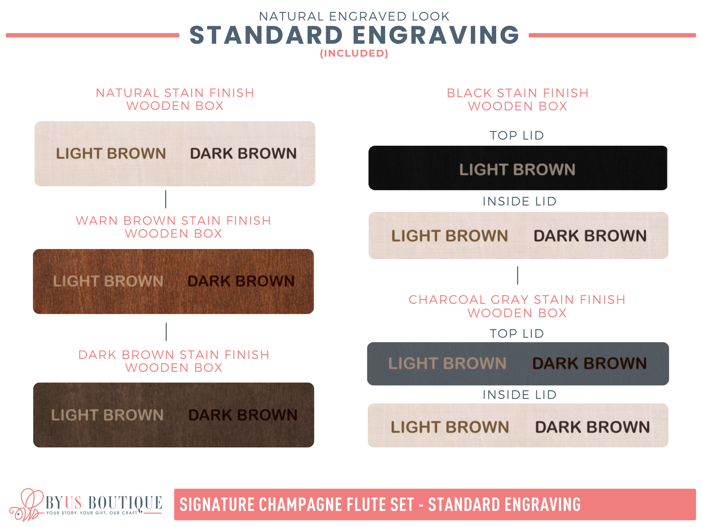 Color swatches for standard engraving options on a champagne flute set with Byer's Boutique branding.