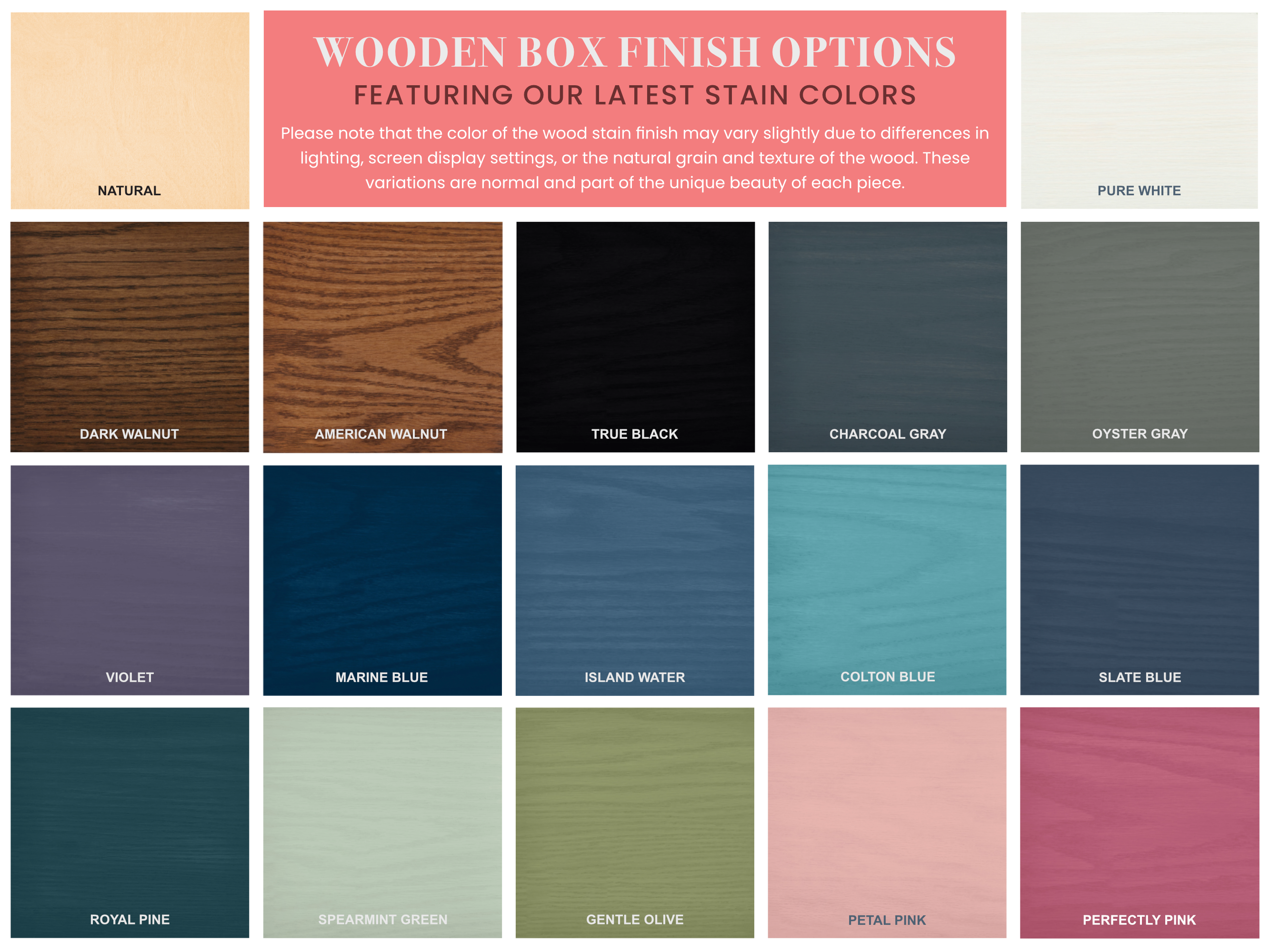 Wooden box finish options with stain color swatches on a white background
